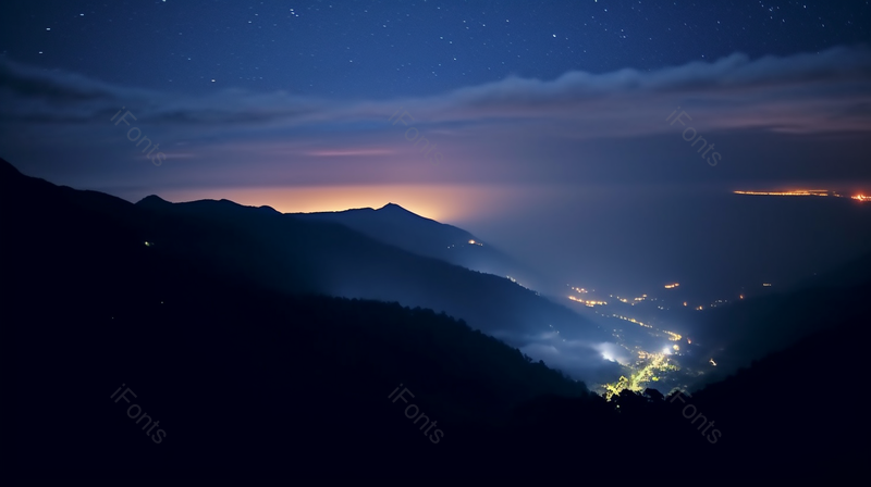 蓝色星空下的云雾遮盖的山顶的景观意境,高清,摄影图,摄影图片,图片大全,摄影图免费下载